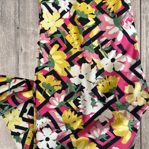 LuLaRoe Leggings Women OS Black White Pink Yellow Floral Poppies Trellis Lattice - Picture 4 of 10